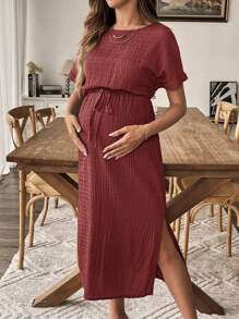 SHEIN Solid Color Textured Side Slit Maternity Vacation Casual Dress - Redwood - View 4