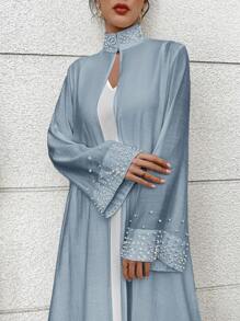 Yasmyna Women's Elegant Solid Color Beaded Decor Stand Collar Arabic Abaya, Modest Robe - Blue - View 3