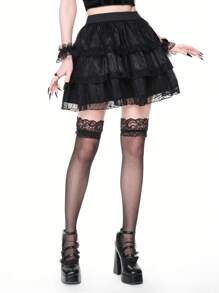 ROMWE Goth 优雅复古哥特式浪漫三层蕾丝A字裙 - 黑色 - 查看 2