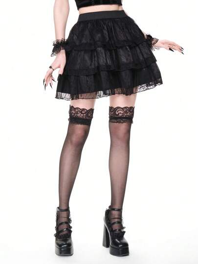 Goth Jupe évasée vintage gothique romantique à 3 niveaux en dentelle