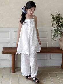 DAZY 2pcs/Set Tween Girls Summer Japanese Style Hollow-Out Loose Wide-Leg Pants - White - View 5