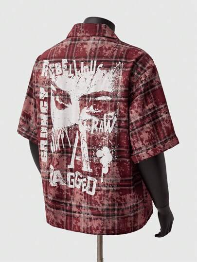Men's Punk Letter & Graphic Plaid Print Loose Fit Short Sleeve Shirt