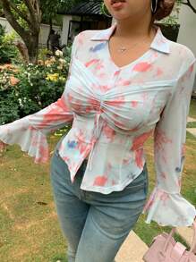 Dazy Plus Floral Print Asymmetrical Collar Faux Layered Drawstring Mesh Bell Sleeve Fitted Cropped T-Shirt Long Sleeve Women Tops - Multicolor - View 3