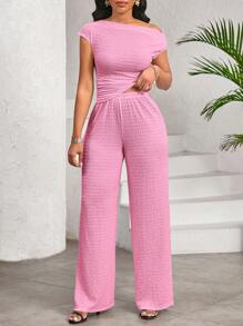 SHEIN Lady 白色弹力纹理不对称领上衣和阔腿裤配松紧腰带裤子女两件套休闲日常优雅四季皆宜