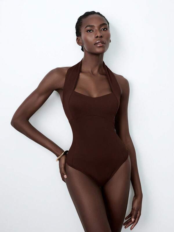 Lumivelle Body da donna con schiena scoperta e collo a fascia, monocromatico ed elastico, design snellente e minimalista