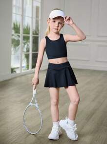 SHEIN Young Girls Fashion Activewear 2 Pieces Set - Sports Bra And Skirt, Black Solid Color, Sleeveless Tank Top, Stretch Knit Fabric, Comfortable And Skin-Friendly, Yoga/Athletic, 4-Way Stretch Girl Performance Dress Young Girls Clothing Two Pieces Ourfit Dance Dress For Girls Girls Dance Wear Girls Dance Dress - Black - View 3
