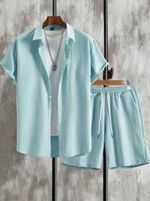 Manfinity Homme 2 件套男士休闲前扣短袖衬衫和短裤套装，夏季 - 薄荷藍 - 查看 1