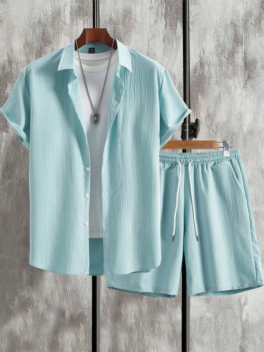 Manfinity Homme 2 件套男士休闲前扣短袖衬衫和短裤套装，夏季 - 薄荷藍 - 查看 1