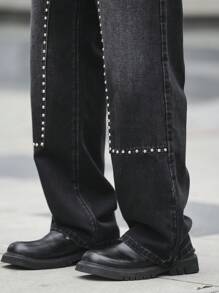 Manfinity LEGND Men's Black Denim Avant-Garde Street Casual Jeans With Zipper Details And Studded Accents