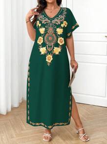 SHEIN LUNE Plus Size Floral Print Side Slit Casual Dress, Summer - Green - View 4