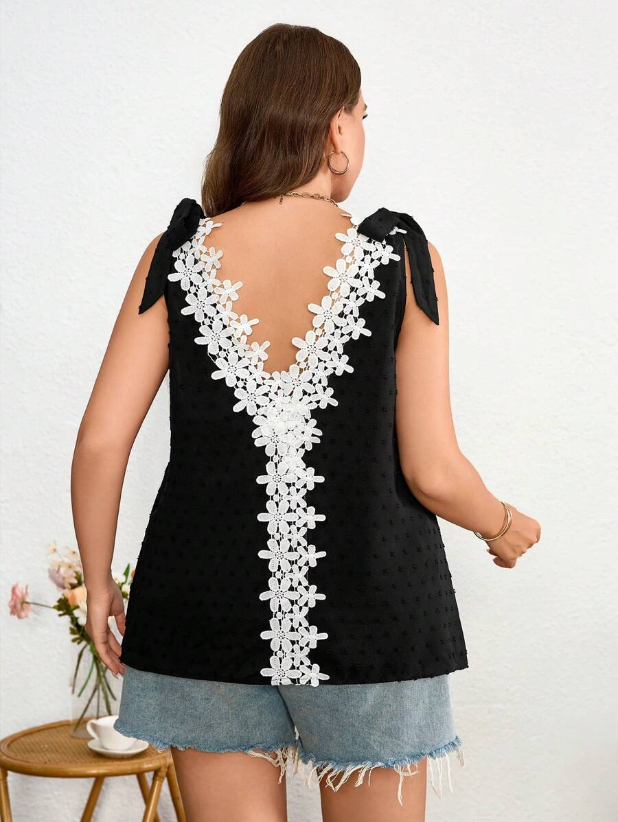 SHEIN Holidaya Plus Size Women's Jacquard Splice White Floral Lace Regular Spring/Summer Vacation Off-Shoulder Tie Bow Black Blouse