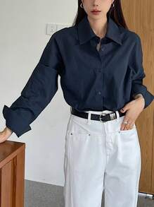 DAZY Áo sơ mi công sở dài tay màu trơn, áo dài tay, quần áo mùa thu - Màu xanh hải quân - Xem 3