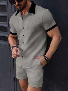Manfinity Homme Bộ áo sơ mi đơn giản thời trang màu trơn, thích hợp mặc hàng ngày - Màu Xám nhạt - Xem 1