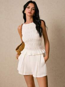 Poéselle Set da donna in 2 pezzi, tuta in cotone con top plissettato e shorts bermuda con tasche, completo bianco, shorts, tuta casual, abbigliamento quotidiano 2 pezzi/set, donna, tinta unita, canotta e shorts, estivo, outfit estivo boho Y2K, shorts set donna, outfit Coachella