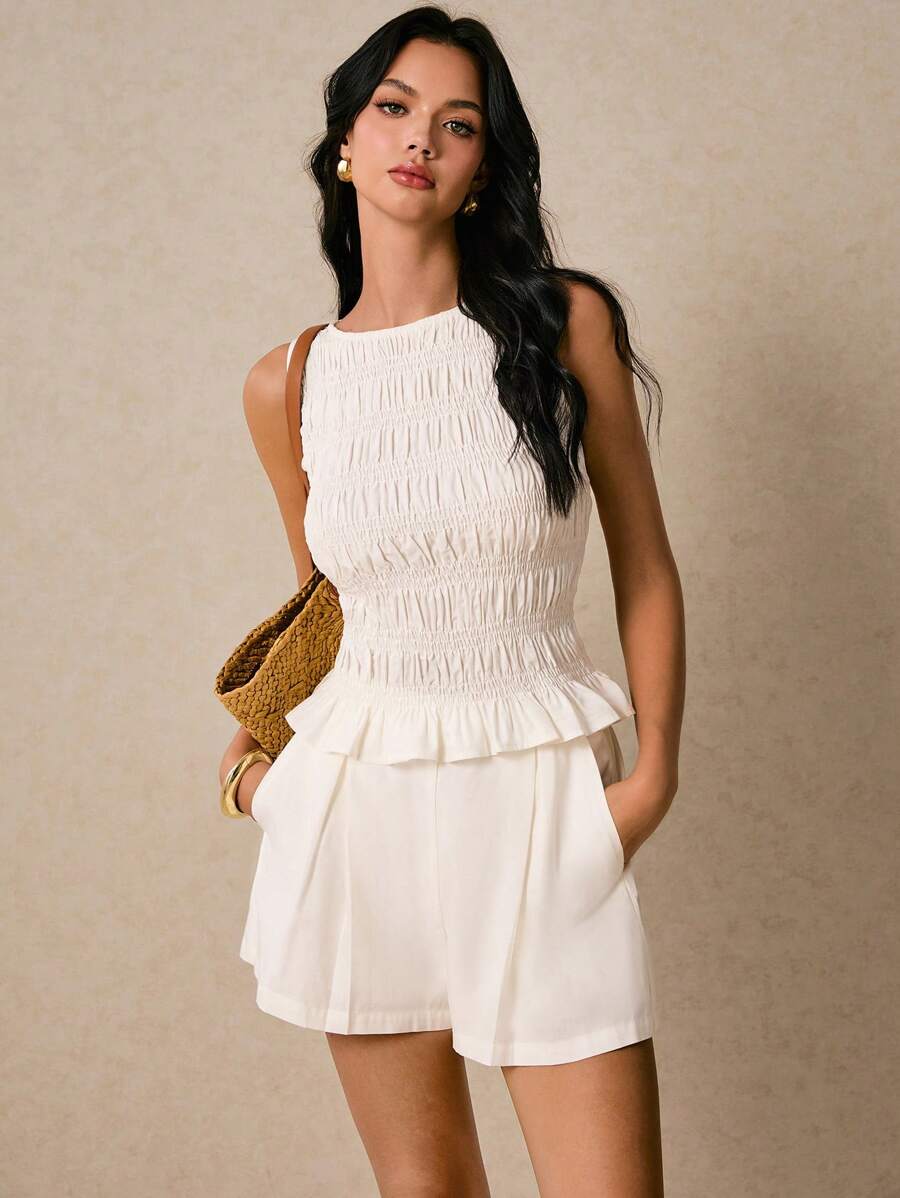 Poéselle Set da donna in 2 pezzi, tuta in cotone con top plissettato e shorts bermuda con tasche, completo bianco, shorts, tuta casual, abbigliamento quotidiano 2 pezzi/set, donna, tinta unita, canotta e shorts, estivo, outfit estivo boho Y2K, shorts set donna, outfit Coachella