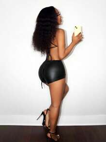 BamGleam Punk Street Style Metal Decor Patchwork Hollow Cut-Out PU Leather Romper Jumpsuit For Women, Music Festival Outfit - Black - View 5