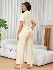 SHEIN Clasi 2件套女士夏季优雅纯色短袖上衣和长裤 - 杏色 - 查看 2