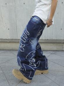 Manfinity EMRG Men's Casual Blue Loose Fit Distressed Pockets Wide Leg Jeans Baggy Jeans Men Design