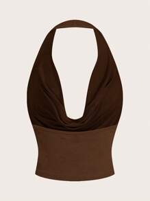 Sweetina 女式圆领无袖短款 Y2K 红色性感上衣，时尚纯色 - 棕色 - 查看 2