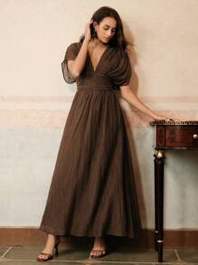 Anewsta Women's V-Neck Ruched Waist Dress With Tied Shoulder Sleeves, Beach Holiday Outfit Spring/Summer