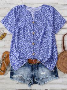 Linhara Áo sơ mi hoa xanh nhạt lãng mạn thường ngày mùa xuân và mùa hè cỡ lớn cho nữ, áo chui đầu có nút trang trí hình quả dừa cổ điển, phù hợp cho các buổi đi chơi hàng ngày và trang phục nghỉ dưỡng thường ngày - Xanh và trắng - Xem 1