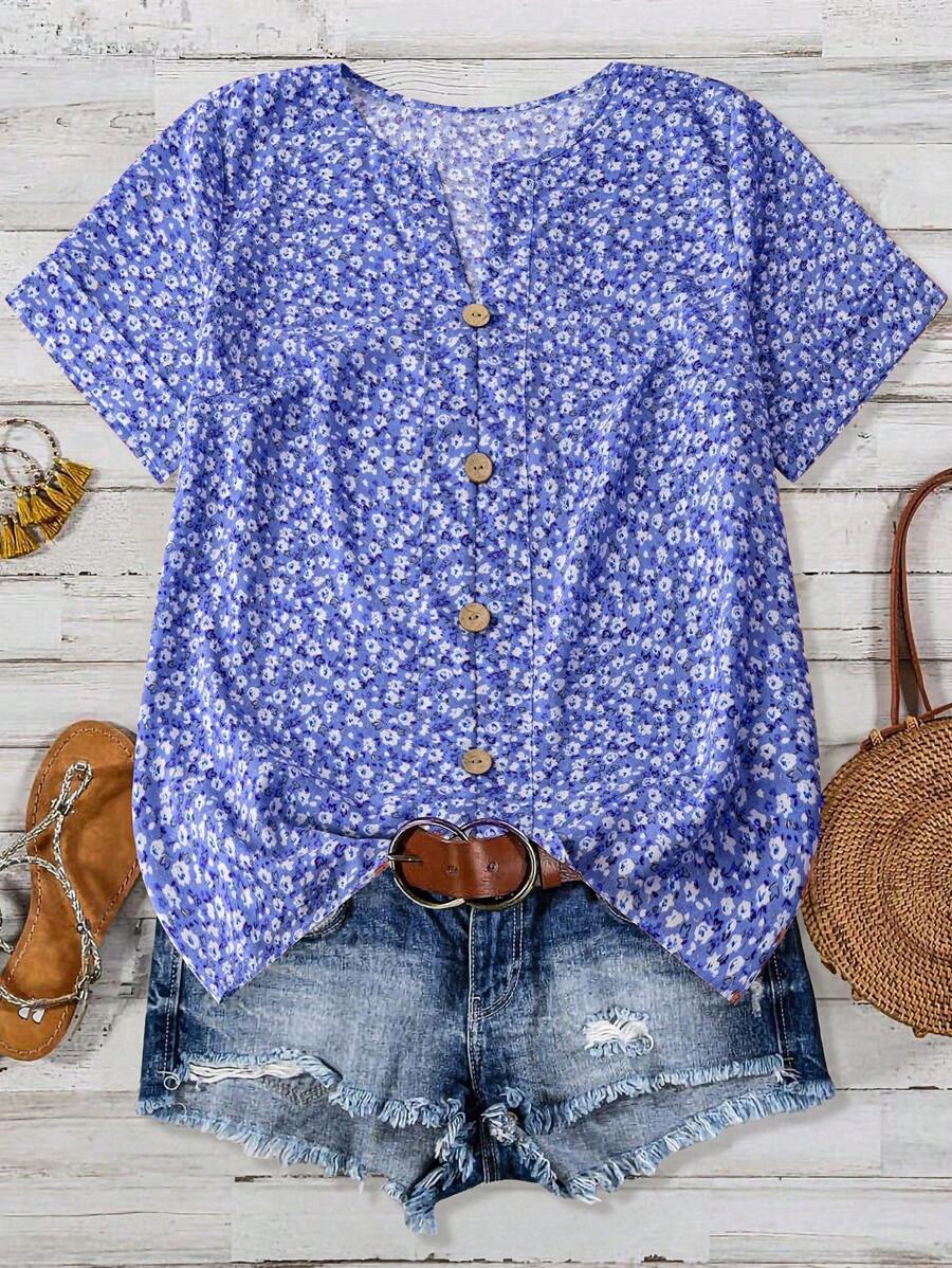 Linhara Áo sơ mi hoa xanh nhạt lãng mạn thường ngày mùa xuân và mùa hè cỡ lớn cho nữ, áo chui đầu có nút trang trí hình quả dừa cổ điển, phù hợp cho các buổi đi chơi hàng ngày và trang phục nghỉ dưỡng thường ngày - Xanh và trắng - Xem 1