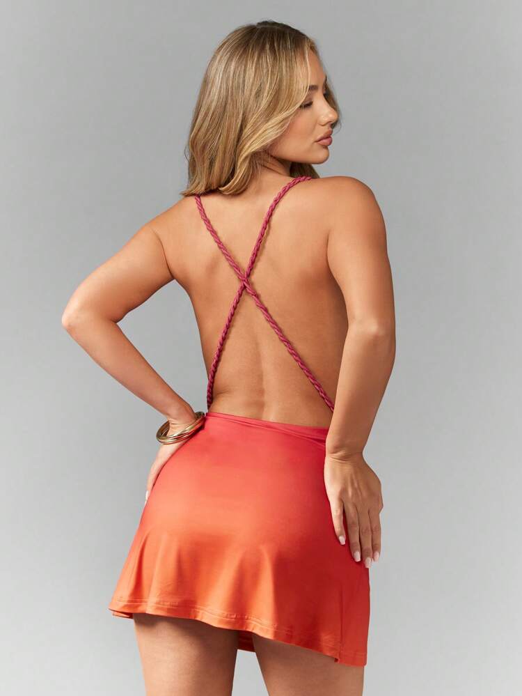 MISSGUIDED Braided Strap Ombre Cowl Neck Backless Satin A-Line Mini Dress MISSGUIDED