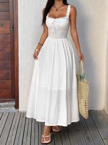 SHEIN EZwear Boho Style White Pleated Bust Long Dress For Summer Vacation - White - View 5
