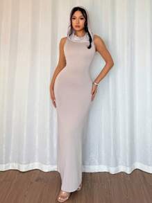 DAZY Women's Solid Color Hooded Backless Sleeveless Dress Wedding Women Dresses - Grey - View 3