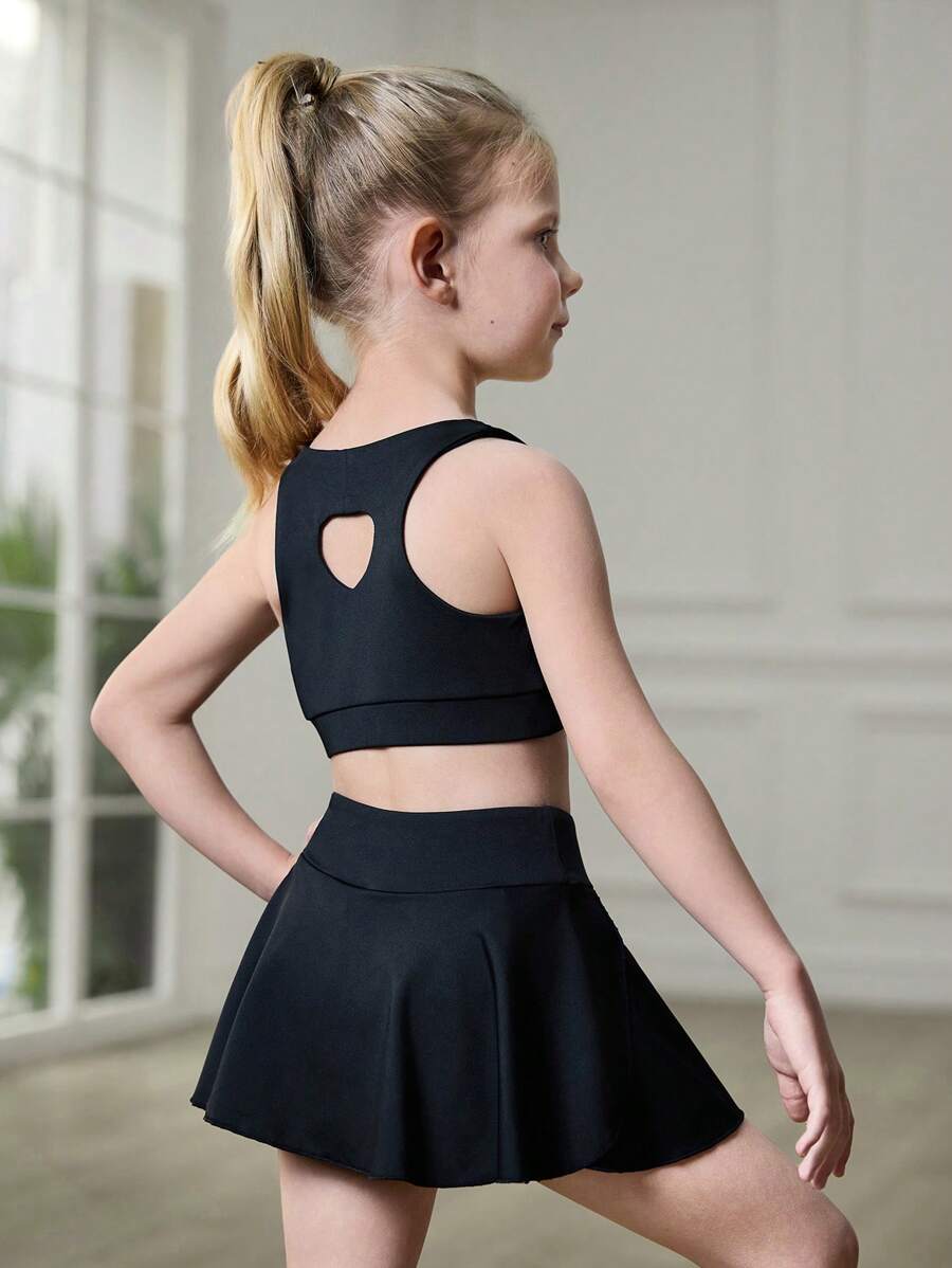 SHEIN Young Girls Fashion Activewear 2 Pieces Set - Sports Bra And Skirt, Black Solid Color, Sleeveless Tank Top, Stretch Knit Fabric, Comfortable And Skin-Friendly, Yoga/Athletic, 4-Way Stretch Girl Performance Dress Young Girls Clothing Two Pieces Ourfit Dance Dress For Girls Girls Dance Wear Girls Dance Dress - Black - View 1