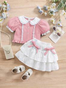 SHEIN Baby Mädchen Sommer süßes rosa farblich abgesetztes Set mit Peter Pan Kragen Bluse und Rüschensaum Mini Rock - Verschiedenfarbig - Übersicht 2
