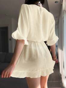 Swim Chiccia Summer Vacation Solid Color Wrap Ruffle Trim Beach Cover Up Dress