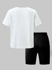SHEIN Explorewe 2 件套青少年女孩舒适简约图案印花短袖 T 恤和紧身短裤套装，适合户外和运动 - 彩色 - 查看 4