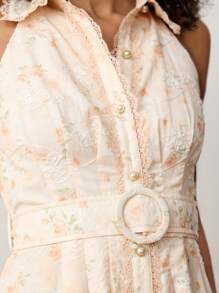 Maija Women's Multi-Color Plaid Floral Embroidered Summer Casual Blouse, Modern Resort Loose V-Neck Sleeveless Dress With Waist Belt, Suitable For Ibiza Beach Vacation - White - View 7