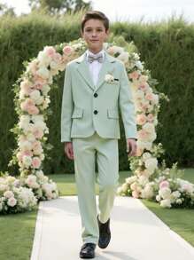 SHEIN 2pcs Tween Boy Formal Suit Set - Blazer Jacket + Trousers, Formal Attire For Birthday Party, Wedding, Christening, Birthday, Graduation