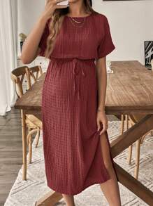 SHEIN Solid Color Textured Side Slit Maternity Vacation Casual Dress - Redwood - View 7