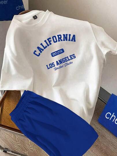 SHEIN Leap Crew 2 件套青少年男孩夏季字母印花圆领短袖休闲 T 恤和抽绳腰短裤套装，返校；春装；青少年男孩服装；青少年男孩夹克，春季返校