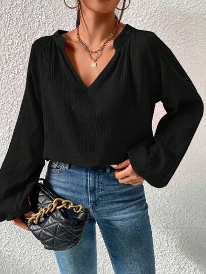 Almamuse 女士纯色长袖时尚黑色衬衫，适合夏季