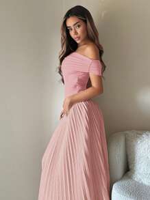 SHEIN ICON Gaun Homecoming 1 potong, Gaun Elegan Lipit Warna Polos Tanpa Bahu, Gaun Wisuda - Berwarna merah muda - View 5