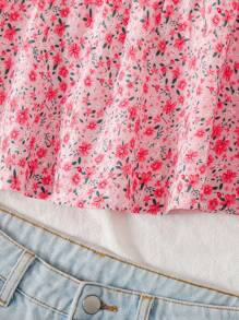 Tween Girl Ditsy Floral Top With Cute Flutter Sleeves, Suitable For Vacation, Mommy And Me Matching (2 Pieces Sold Separately) - Red - View 6