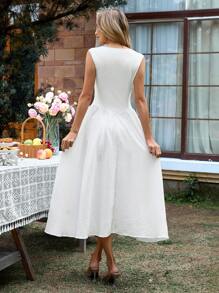 EMERY ROSE Vestido elegante de mujer de unicolor, cuello redondo, sin mangas, con plisado