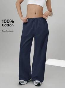 Easelle 女士休闲百搭海军蓝梭织直筒裤 - 藏蓝色 - 查看 2