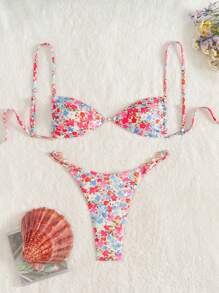 Swim Mod Set di costumi da bagno sexy da donna in tessuto a costine stampato, con accenti dorati, bikini da spiaggia