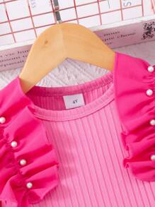 2pcs/Set Young Girl Ribbed Sleeveless Pearl Ruffle Top And Solid Bowknot Skort, Casual Summer Outfit,For Holiday,Travel,Summer - Hot Pink - View 6