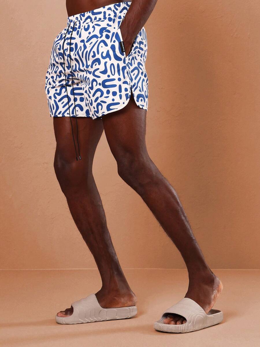 SUMWON Designer Abstract Pattern Beach Shorts Summer Swimming Trunks Vacation Pool Party Resort Wear Athletic Sport Swim Shorts - Blue and White - View 1