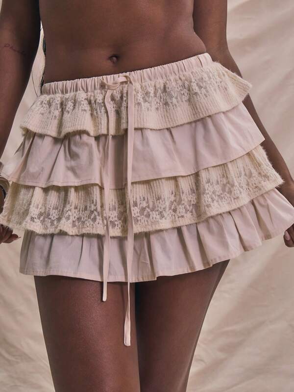 MUSERA Minifalda con volantes y encaje, con lazo en la cintura, para verano, vacaciones, playa, elegante y suave