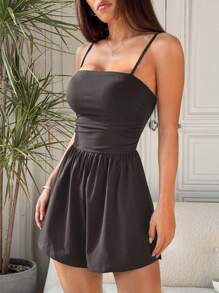 Flirla Women's Black Casual Sleeveless Playsuit With Ruffle Detail, Slim Fitting Short Romper Jumpsuit For Spring/Summer