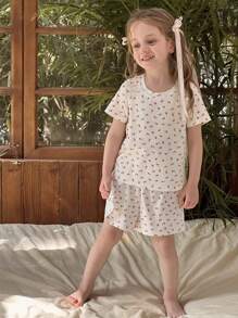 DAZY Short Sleeve Round Neck T-Shirt And Shorts Loungewear Set For Young Girl,Girls Summer Outfits - Beige - View 1