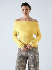 LYSMO Women's Yellow Knitwear Casual T-Shirt: Semi-Sheer Ruched Boat Neck Top With Three-Quarter Sleeves And Regular Length