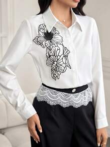 Modelyn Women's Commute Floral Embroidered Single Breasted Long Sleeve Shirt - Multicolor - View 2